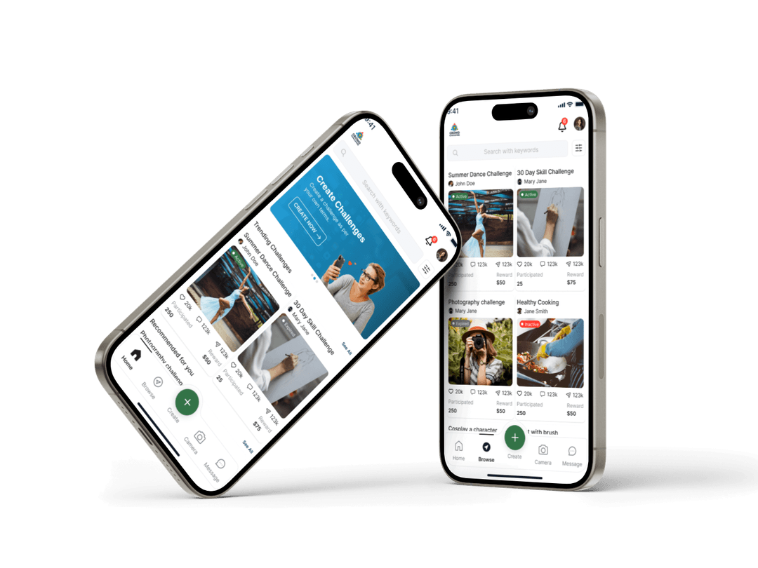 Crowd Challenge mobile app showing active challenges, voting interface, and rewards dashboard